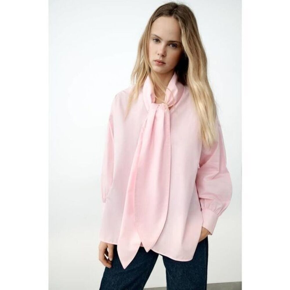 ZARA NWT Mid-pink Tied Poplin Longsleeves Blouse SMALL